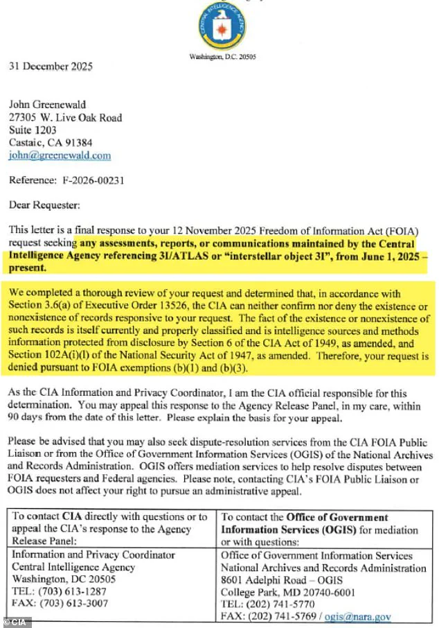 CIA Admission Sparks Controversy Over 3I/ATLAS, Challenging NASA's Claim of a Natural Comet