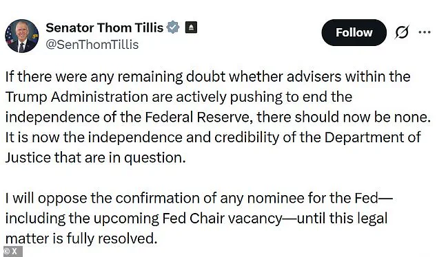 Limited Access to Information Risks Undermining Federal Reserve Independence, Warns Senator Tillis