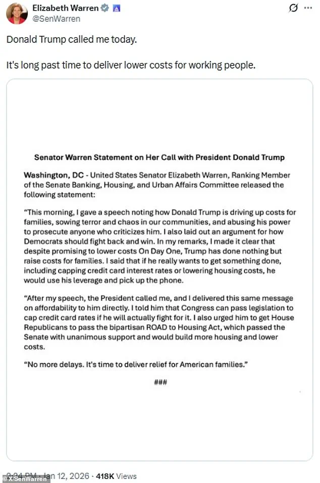 Rare Phone Call: Trump and Warren Address Economic Burdens on Working-Class Americans Amid Inflation and Housing Price Surge