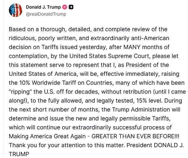 Trump Raises Tariffs to 15% Following Supreme Court Ruling, Igniting Trade War Concerns